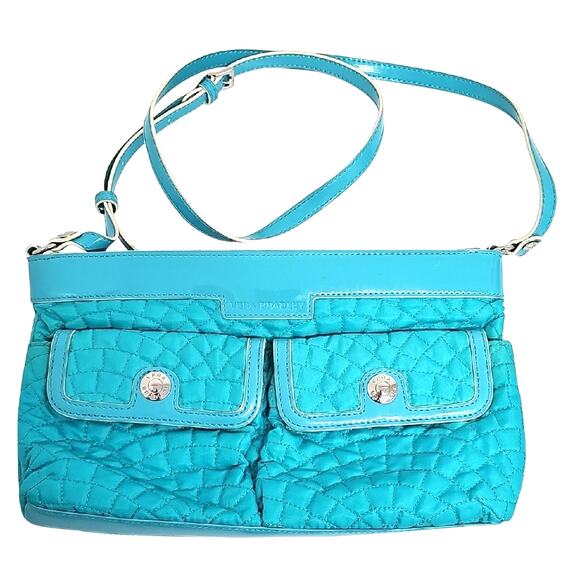 Vera Bradley Handbags - Vera Bradley Aqua Quilted w/Patent Leather Trim Strap Crossbody Bag 7.5 x 11